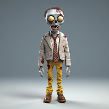 the undead minimalist 3d character, a zombie, stands upright, showcasing its full body in a simplified yet eerie design, perfect for horror-themed animations, video games, and digital art, with a focus on subtle textures and muted colors to emphasize its post-apocalyptic atmosphere. ai generatedの素材