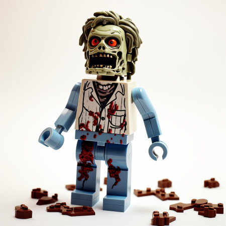 a 3d lego zombie stands eerily against a pristine white background, its full body rendered in meticulous detail, showcasing the intricate craftsmanship of the lego design, perfect for fans of horror and lego enthusiasts alike, capturing the essence of a post-apocalyptic world. ai generatedの素材