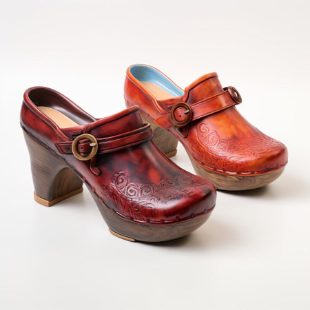 clogs sit elegantly on a pristine white background, showcasing their sturdy wooden soles and comfortable leather uppers, perfect for casual wear or as a stylish addition to any outfit, ideal for walking or lounging around the house on a relaxing day. ai generatedの素材