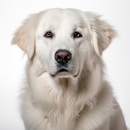 the kuvasz, a majestic hungarian herding dog breed, stands proudly against a pristine white background, showcasing its thick, snow-white coat and piercing brown eyes, exuding intelligence and loyalty, a true marvel of canine elegance and strength in a serene setting. ai generatedの素材