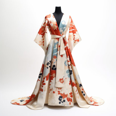 the kimono, a traditional japanese garment, is beautifully showcased against a pristine white background, highlighting its intricate designs and vibrant colors, perfect for cultural enthusiasts and fashion lovers alike, evoking a sense of elegance and sophistication in japanese fashion and textile art. ai generatedの素材