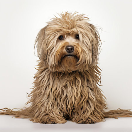 the puli, a hungarian herding breed, is showcased against a pristine white background, highlighting its distinctive corded coat, which resembles a mop or a rastafarian's dreadlocks, and its intelligent, alert expression, characteristic of this ancient dog breed. ai generatedの素材