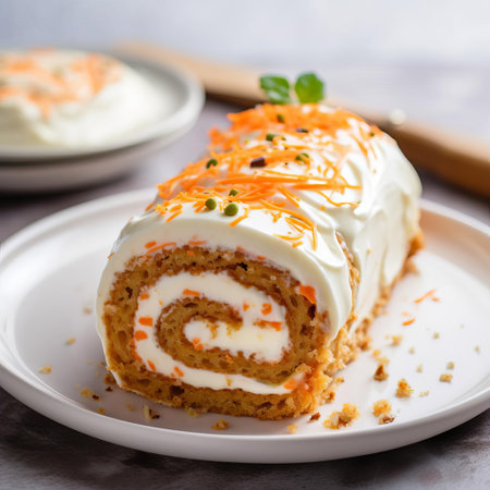 the decadent carrot cake roll, swirled with cream cheese frosting, sits elegantly on a pristine white background, showcasing its moist and flavorful texture, perfect for satisfying sweet tooth cravings at birthday parties, weddings, or afternoon tea gatherings, highlighting the beauty of homemade baking. ai generatedの素材