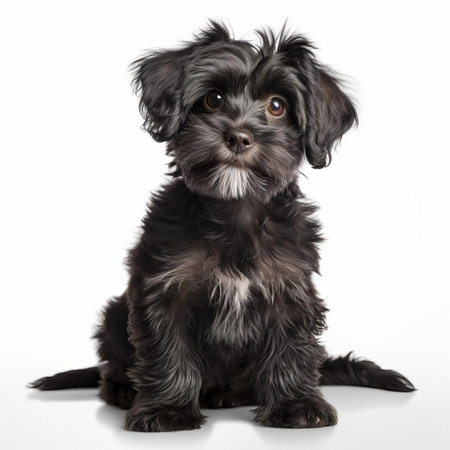 the adorable yorkipoo puppy sits proudly against a crisp white background, showcasing its soft, fluffy coat and big brown eyes, perfect for dog lovers and owners of this popular crossbreed between a yorkshire terrier and a poodle, ideal for pet photography and animal enthusiasts. ai generatedの素材