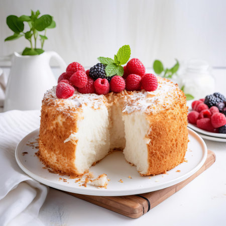 angel food cake sits elegantly on a pristine white background, showcasing its fluffy, snow-white texture and delicate, golden-brown crust, perfect for a sweet dessert or special occasion, evoking feelings of nostalgia and warmth with its classic, vintage charm. ai generatedの素材