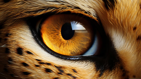 the cheetah eye gazes intensely, its piercing yellow iris surrounded by a thick layer of dark fur, showcasing the majestic predator's striking facial feature in stunning high-definition, highlighting the animal's remarkable agility and speed in the wild savannah landscape. ai generatedの素材