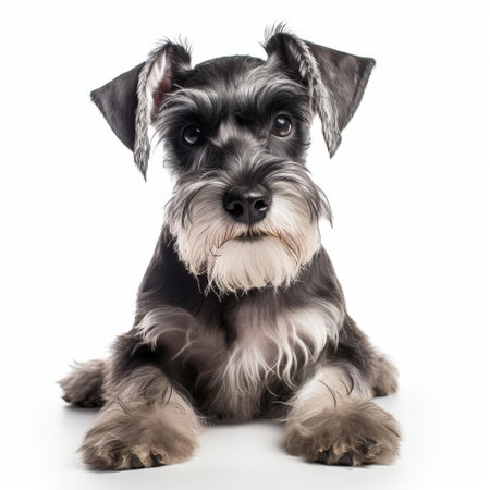 the miniature schnauzer, a small yet spirited dog breed, poses elegantly against a pristine white background, showcasing its distinctive beard and eyebrows, while its dark eyes sparkle with curiosity, highlighting its intelligent and loyal nature, perfect for dog lovers and enthusiasts of this popular terrier breed. ai generatedの素材