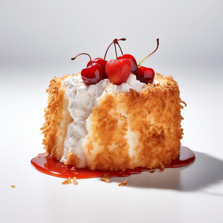 the angel food cake, a classic dessert, sits elegantly on a pristine white background, its fluffy texture and golden crust beautifully showcased, perfect for a springtime celebration or a wedding reception, evoking feelings of sweetness and joy with its airy, tender, and moist appearance. ai generatedの素材
