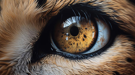 the cheetah eye gazes intensely, its piercing yellow iris radiating a sense of wild power, surrounded by a delicate lace of eyelashes, set against a soft, velvety fur, evoking the majestic beauty of the african savannah's fastest predator in this stunning, highly detailed wildlife photography. ai generatedの素材