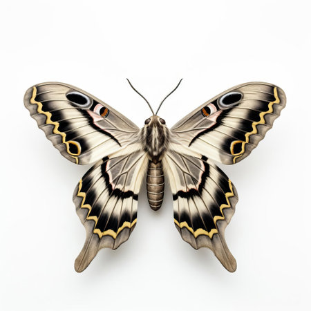 the 3d moth, with its intricately designed wings and delicate body, perches elegantly on a pristine white isolated background, showcasing its natural beauty and vibrant colors, perfect for nature enthusiasts, photographers, and designers seeking high-quality insect imagery for their projects. ai generatedの素材