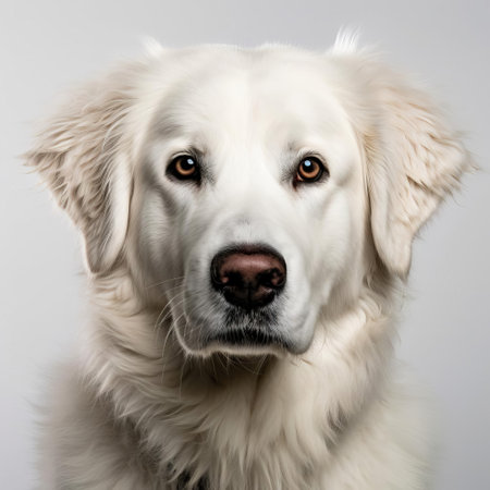 the kuvasz, a majestic hungarian herding breed, poses regally against a pristine white background, showcasing its thick, snow-white coat and piercing brown eyes, exuding an air of intelligence and loyalty, making it a popular choice as a family pet and working dog. ai generatedの素材