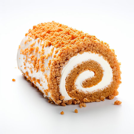 the decadent carrot cake roll, swirled with cream cheese frosting, sits elegantly on a pristine white background, showcasing its moist and flavorful texture, perfect for springtime celebrations, easter gatherings, or afternoon tea parties, highlighting the beauty of homemade baking and sweet treats. ai generatedの素材