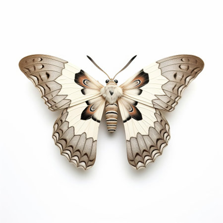 the 3d moth, with its intricately designed wings and delicate body, perches majestically on a pristine white isolated background, showcasing its natural beauty and vibrant colors, perfect for nature enthusiasts, entomologists, and designers seeking high-quality insect imagery for educational or creative projects. ai generatedの素材