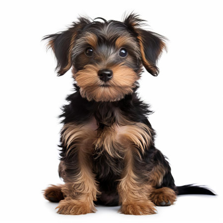 the adorable yorkipoo puppy sits proudly against a crisp white background, showcasing its soft, fluffy coat and big brown eyes, capturing the heart of any dog lover with its irresistible cuteness and playful demeanor, perfect for fans of toy breeds and small dogs. ai generatedの素材
