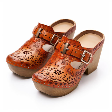 clogs sit elegantly on a pristine white background, showcasing their sleek design and sturdy structure, perfect for casual outings or everyday wear, with their comfortable fit and soft insoles, ideal for walking or running errands, adding a touch of simplicity to any outfit. ai generatedの素材