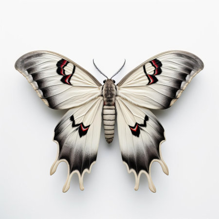 the 3d moth, with its intricately designed wings and delicate body, perches elegantly on a pristine white isolated background, showcasing its natural beauty and fascinating details, perfect for entomology enthusiasts, nature lovers, and designers seeking high-quality insect imagery for creative projects. ai generatedの素材