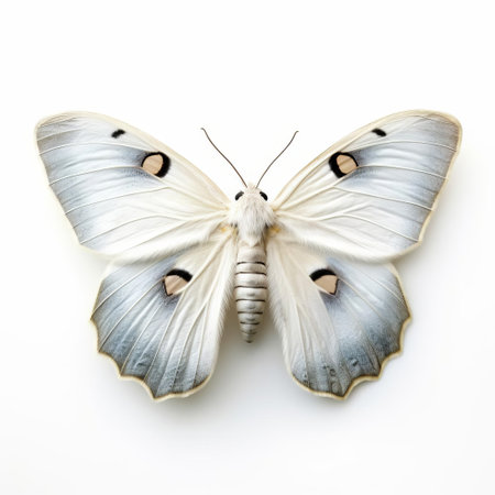 the 3d moth, with its intricately designed wings and delicate body, perches elegantly on a pristine white isolated background, showcasing its natural beauty and vibrant colors, perfect for nature enthusiasts, photographers, and designers seeking high-quality insect imagery for their projects. ai generatedの素材