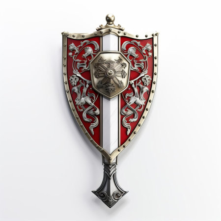 the 3d ensign shield sword stands proudly against a crisp white background, its intricately designed hilt and blade gleaming with precision, perfect for medieval and fantasy enthusiasts, graphic designers, and 3d modelers seeking high-quality, detailed, and realistic sword illustrations and renders. ai generatedの素材