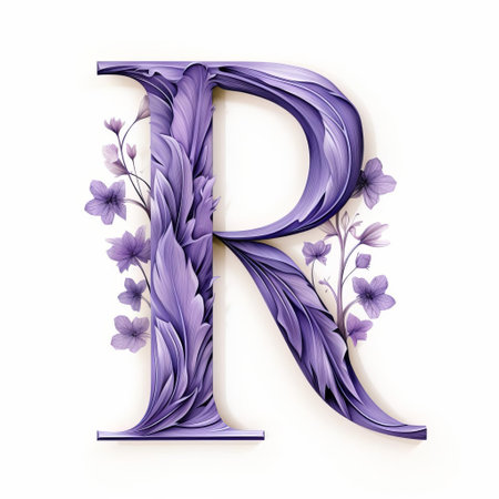 the elegant letter r, beautifully crafted in a vibrant violet hue, stands out against a crisp white background, perfect for designers and artists seeking a stylish alphabet vector for their creative projects, logos, and typography designs. ai generatedの素材