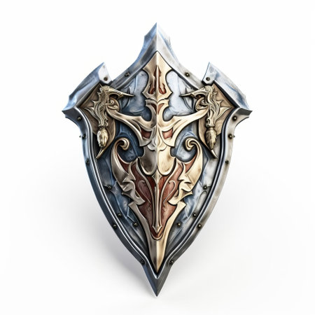 the medieval duke shield sword stands proudly against a crisp white background, its intricately designed 3d details and ornate hilt gleaming in the light, evoking a sense of chivalry and honor, perfect for fantasy and historical art, cosplay, and collectible enthusiasts. ai generatedの素材