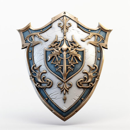 the 3d conqueror shield sword stands proudly against a crisp white background, its intricately designed hilt and blade showcasing exceptional medieval craftsmanship, evoking a sense of power and strength, perfect for fantasy and historical art, gaming, and design projects. ai generatedの素材