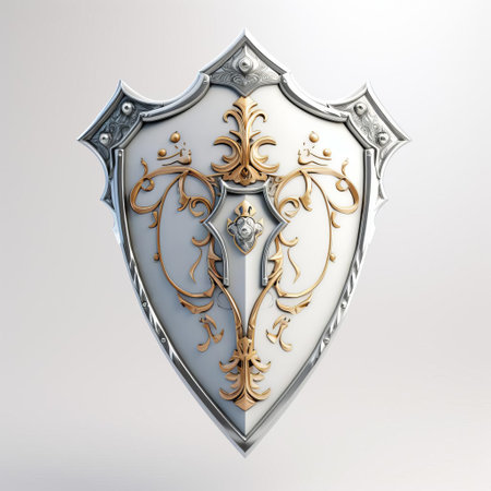the 3d cavalier shield sword stands proudly against a crisp white background, its intricately designed hilt and blade showcasing exceptional medieval craftsmanship, evoking a sense of chivalry and honor, perfect for history buffs, gamers, and fantasy enthusiasts alike, highlighting the grandeur of ancient warfare. ai generatedの素材