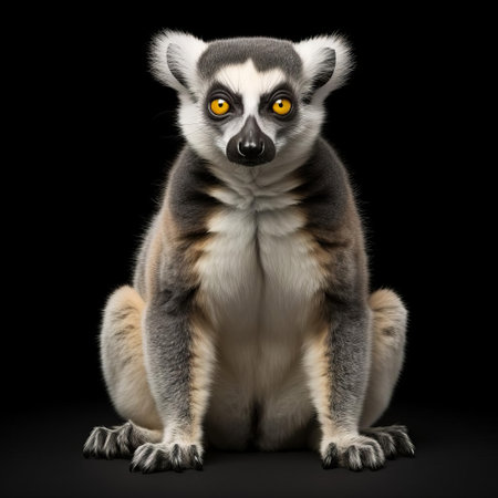 the lemur, with its large round eyes and soft fur, sits comfortably on a studio table, posing for a portrait against a clean and isolated white background, showcasing its unique features and vibrant colors, highlighting its natural beauty and charm in a controlled environment. ai generatedの素材