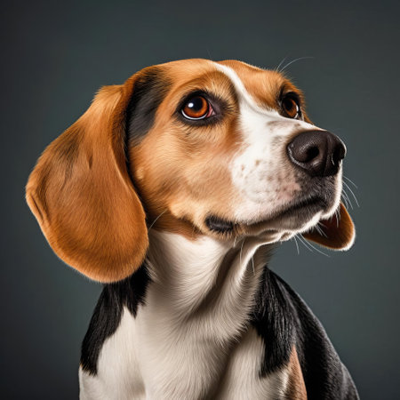 the beagle, a small-sized scent hound, sits proudly in a studio shot on a clean and isolated background, showcasing its distinctive tri-colored coat, floppy ears, and adorable facial expression, perfect for dog lovers and animal enthusiasts alike, highlighting its friendly and curious nature. ai generatedの素材