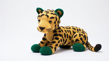 the adorable knitted jaguar toy sits proudly on a pristine white background, showcasing its intricate stitching and soft, cuddly texture, perfect for any wildlife enthusiast or child's toy collection, evoking feelings of warmth and playfulness. ai generatedの素材