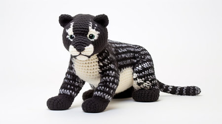 the adorable knitted jaguar toy sits proudly against a crisp white background, showcasing its intricate stitching and vibrant colors, making it a perfect addition to any nursery or a delightful gift for a wildlife enthusiast, blending softness and ferocity in one cuddly package. ai generatedの素材