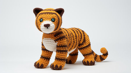 the knitted jaguar toy sits proudly on a crisp white background, showcasing its intricate stitching and vibrant colors, making it a delightful addition to any nursery or a thoughtful gift for a wildlife enthusiast, perfect for those who love handmade crafts and adorable plush animals. ai generatedの素材