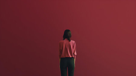 the maroon-hued wall serves as a striking backdrop for a minimalist decor, featuring a solitary, sleek chair with clean lines, exuding an atmosphere of serenity and sophistication, perfect for a modern living room or office space with a touch of elegance. ai generatedの素材