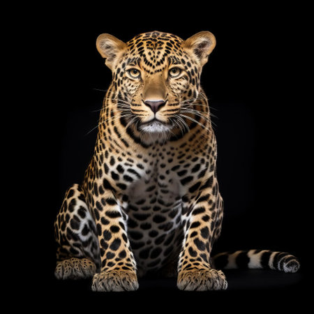the leopard, with its distinctive rosette spots and golden fur, poses regally in a studio setting, isolated against a plain background, showcasing its majestic beauty and powerful physique, highlighting the wild cat's unique characteristics and striking features in a controlled environment. ai generatedの素材