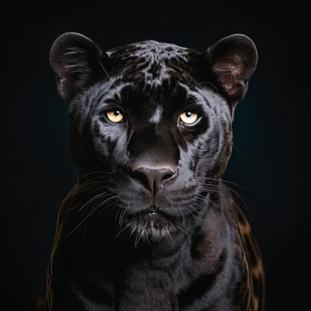 the panther, with its sleek black fur and piercing eyes, poses regally in a studio shot against a clean, isolated background, showcasing its powerful physique and majestic beauty, highlighting the wild and mysterious nature of this big cat species in a controlled environment. ai generatedの素材