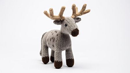 the adorable knitted caribou toy sits proudly on a pristine white background, showcasing its intricately stitched fur and endearing facial features, perfect for cuddling and gifting to nature-loving friends and family, evoking a sense of winter wonderland and festive cheer. ai generatedの素材