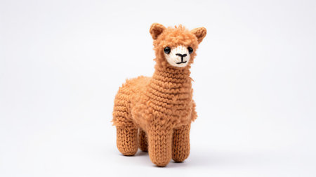 the adorable knitted alpaca toy sits serenely against a pristine white background, showcasing its soft and cuddly features, perfect for a child's playtime or as a decorative piece, highlighting the beauty of handmade craftsmanship and the warmth of natural alpaca fibers. ai generatedの素材