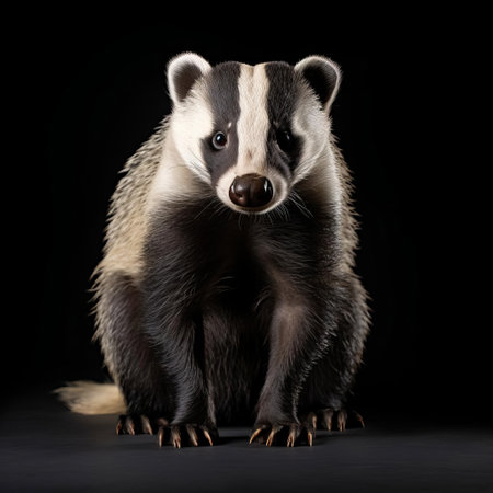 the badger, with its distinctive white stripes on its forehead, poses elegantly in a studio shot, set against a clean and isolated background, showcasing its unique features and fascinating facial expressions, highlighting its importance in european wildlife and ecosystem balance. ai generatedの素材