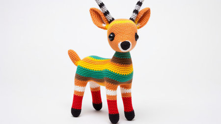 the adorable knitted gazelle toy sits serenely against a pristine white background, showcasing its intricate stitching and soft, cuddly texture, perfect for little ones to snuggle and play, making it a delightful addition to any nursery or child's playroom. ai generatedの素材