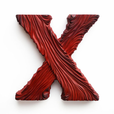 the bold red wood letter x stands out against a crisp white background, creating a striking visual contrast that demands attention, perfect for designers and artists seeking a dramatic typography element for their projects, logos, or branding materials. ai generatedの素材