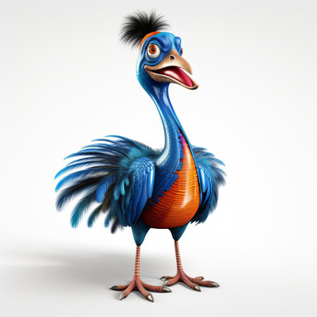 the cassowary, a large and exotic bird species, is beautifully rendered in 3d pixar style, showcasing its vibrant plumage and distinctive casque, isolated on a clean white background, perfect for graphic design, digital art, and wildlife illustration projects. ai generatedの素材