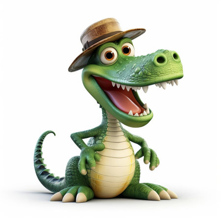 the caiman, a large reptile resembling an alligator, is showcased in stunning 3d pixar animation, isolated on a crisp white background, highlighting its scaly skin and powerful jaws, perfect for educational or creative projects focused on wildlife, reptiles, or cgi art. ai generatedの素材