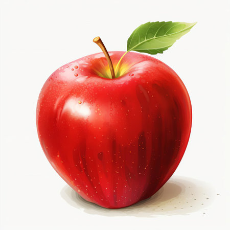 the apple, a juicy and crunchy fruit, is beautifully illustrated on a pristine white isolated background, showcasing its vibrant red skin and delicate green leaves, perfect for healthy eating and cooking recipes, or as a symbol of autumn and harvest season. ai generatedの素材