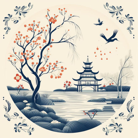 the elegant peony blooms in this serene chinoiserie art, surrounded by delicate foliage and subtle golden accents, evoking a sense of tranquility and sophistication, perfect for adding a touch of eastern elegance to any room's decor, inspired by traditional chinese motifs and minimalist design principles. ai generatedの素材