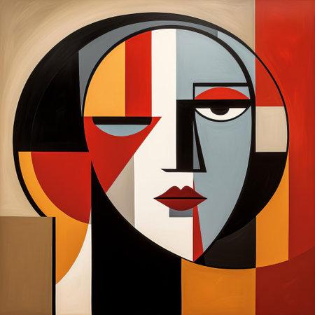 woman, fragmented into geometric shapes, sits in a sparse, monochromatic background, blending cubist principles with realist techniques, creating a thought-provoking, avant-garde portrait that challenges traditional representations of beauty and reality, evoking emotions and sparking introspection. ai generatedの素材