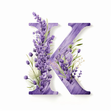 the elegant lavender vector letter k stands out against a crisp white background, perfect for modern designs, logos, and typography projects, adding a touch of sophistication and serenity to any visual composition, ideal for digital art, graphic design, and creative endeavors. ai generatedの素材
