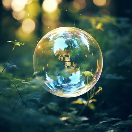 the bubble, a delicate and transparent sphere, floats gently in the air, its iridescent surface reflecting the surrounding light, creating a mesmerizing display of colors and textures, evoking a sense of wonder and curiosity, perfect for a fun and playful visual representation of childhood innocence and joy. ai generatedの素材