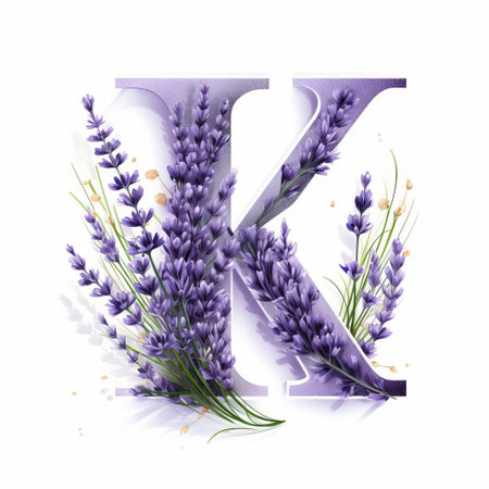 the elegant lavender vector letter k stands out against a crisp white background, perfect for adding a touch of sophistication to your designs, logos, and typography, evoking feelings of calmness and serenity, ideal for wellness, spa, and beauty-related projects. ai generatedの素材