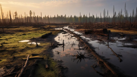 bogland sprawls across a previously charred forest, showcasing nature's resilience as vibrant green moss and ferns reclaim the scorched earth, with twisted tree trunks standing as a testament to the devastating fire that once ravaged this landscape, now teeming with new life and hope. ai generatedの素材
