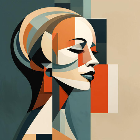 "cubist composition" features fragmented geometric shapes in muted earth tones, juxtaposed in a harmonious balance of abstract forms, evoking the pioneering spirit of analytic cubism, an early 20th-century art movement characterized by fragmented objects and multiple viewpoints. ai generatedの素材