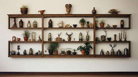 the empty wall space above the curio cabinet is a blank canvas waiting to be transformed into a stunning focal point, perfect for showcasing decorative wall art, mirrors, or shelves to add depth and visual interest to the room's interior design and decor. ai generatedの素材